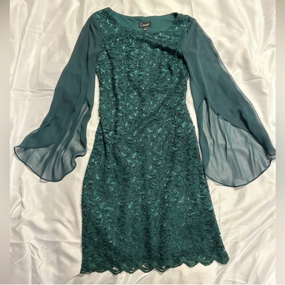 Connected Apparel Teal Lace Dress with Sheer Sleeves